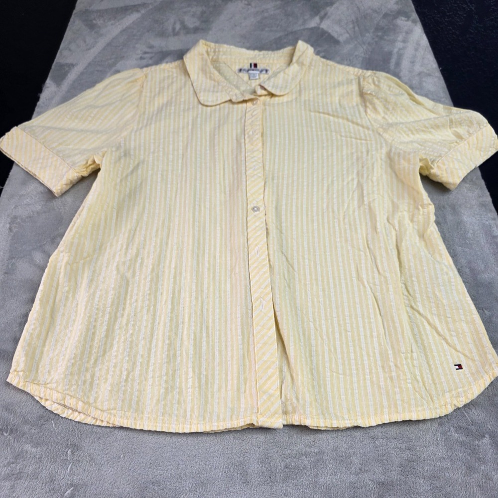 Tommy Hilfiger Button Up Short Sleeve Camp Shirt Womens XL Yellow White Striped